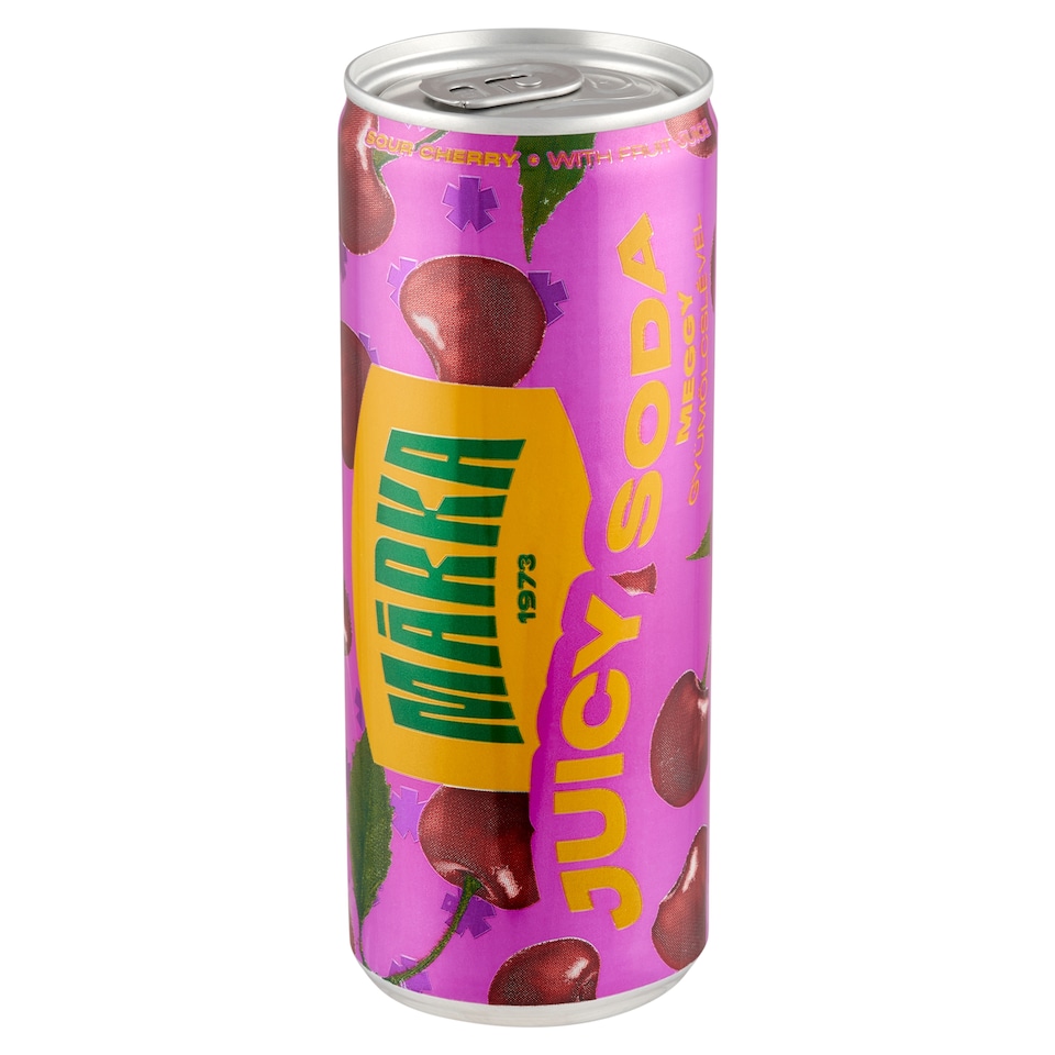 Márka Juicy Soda Sour-Cherry Flavoured Carbonated Soft Drink with Sugar and Sweetener 250 ml
