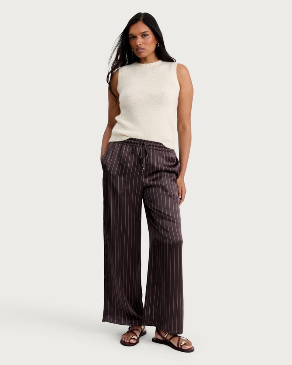 image 1 of F&F Satin Pinstripe Wide Leg Trousers in Chocolate