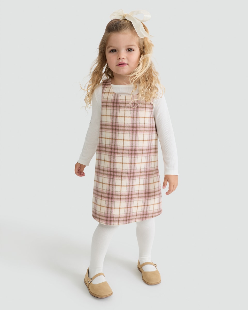 image 1 of F&F Girls 3-Piece Check Print Pinafore, Top and Tights Set in Pink