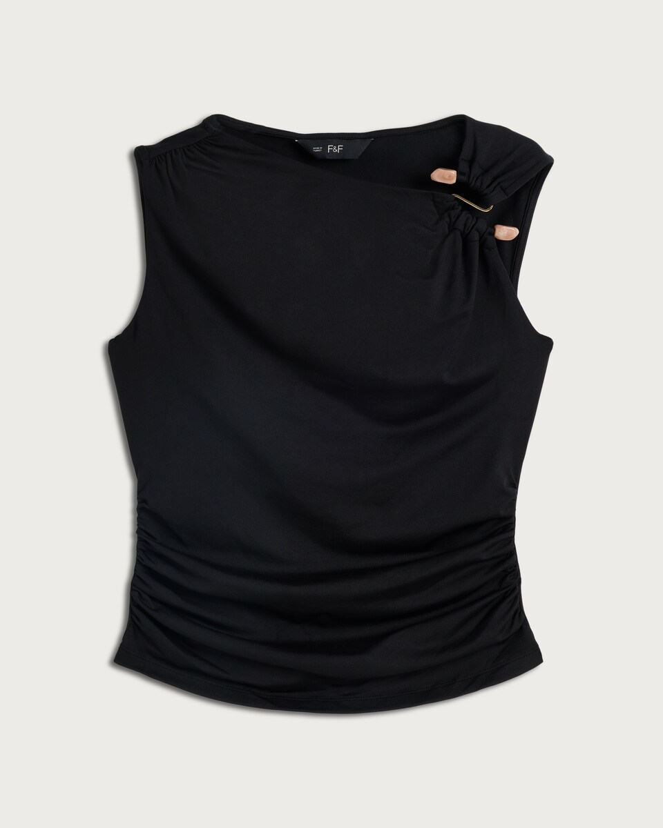 image 1 of F&F Ruched Twist Front Sleeveless Top in Black