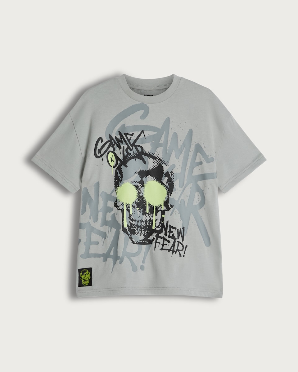 image 1 of F&F Boys Pure Cotton Game Over Skull Print T-Shirt in Grey