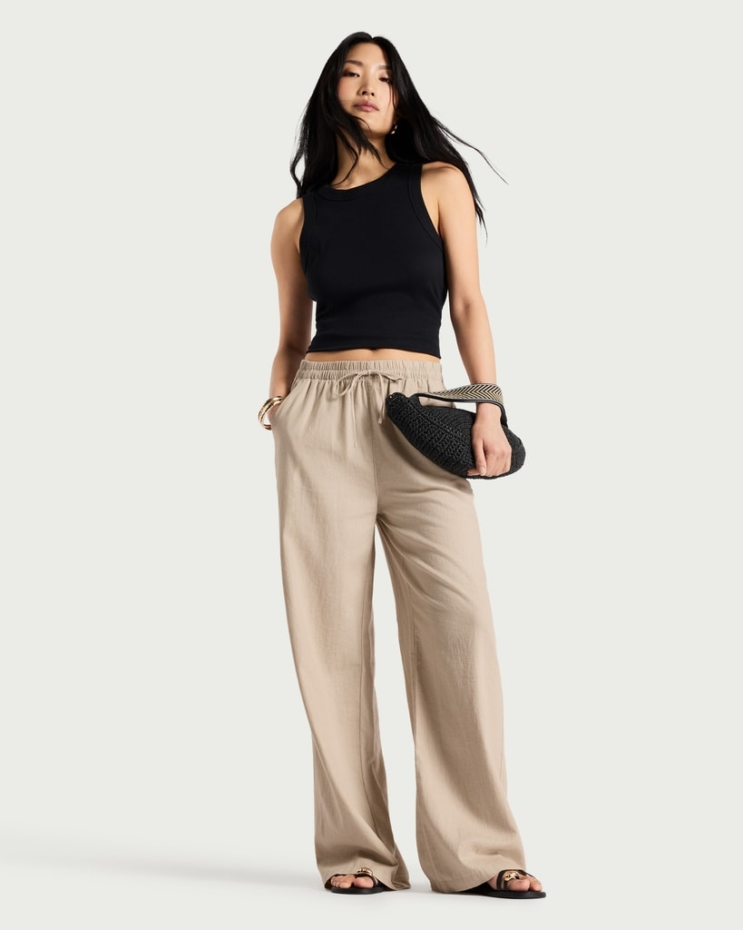 F&F Linen Rich Wide Leg Drawstring Trousers in Stone