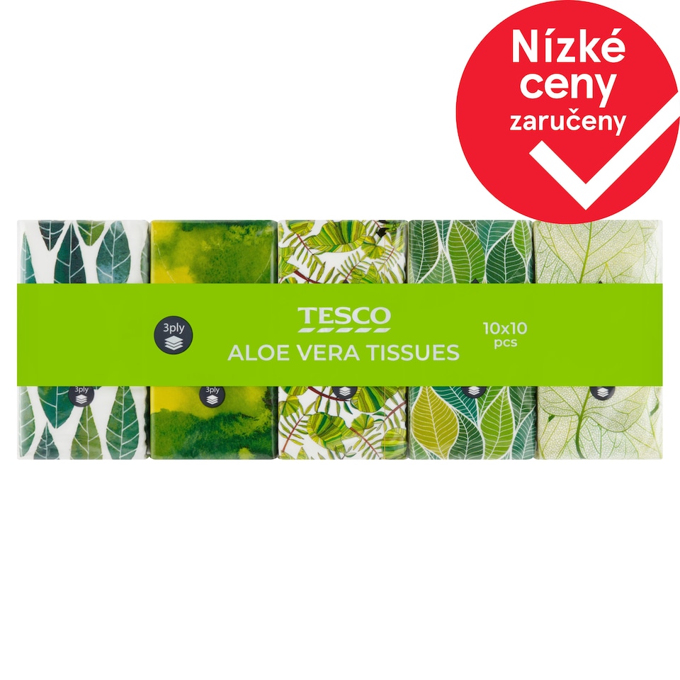 Tesco Papírové kapesníky parfemované aloe vera 3 vrstvy 10 x 10 ks