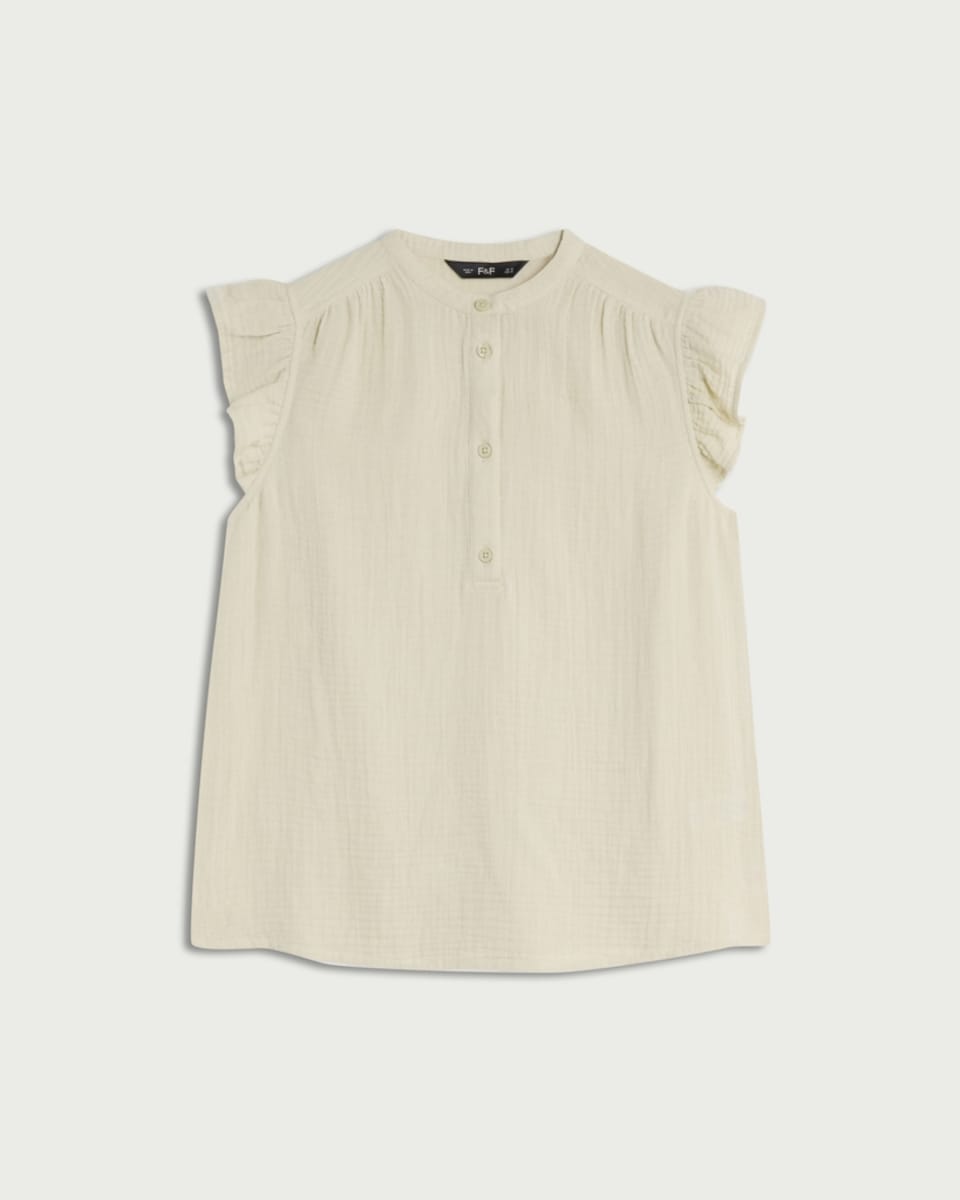 image 1 of F&F Pure Cotton Double Cloth Ruffle Sleeved Blouse in Green