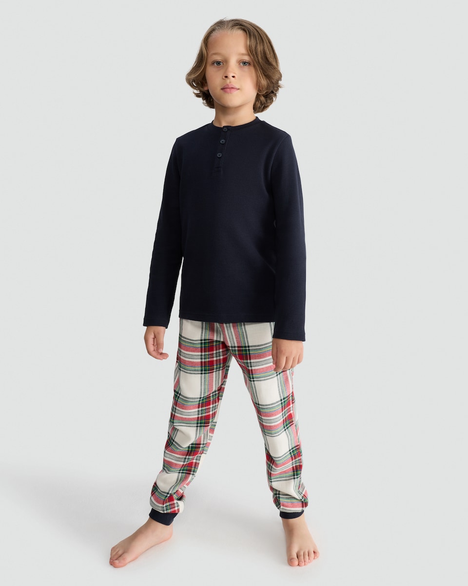 image 1 of F&F Boys Pure Cotton Henley Top and Cuffed Bottoms Pyjamas in Multi