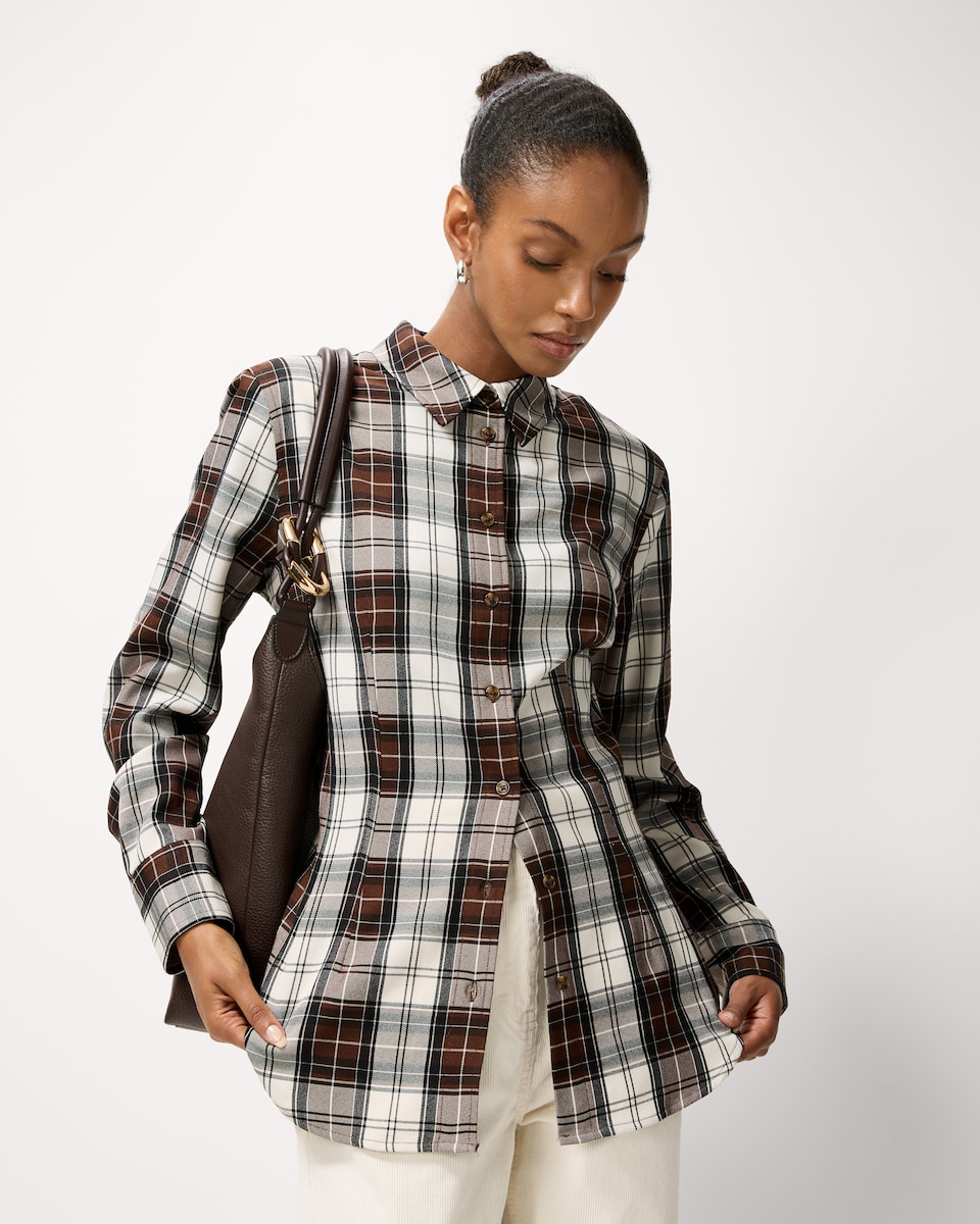 image 1 of F&F Check Shoulder Pad Cinched Shirt in Multi Brown
