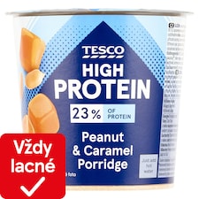 Tesco High Protein instantná arašidová ovsená kaša s kúskami arašidov a karamelovými kúskami 65 g