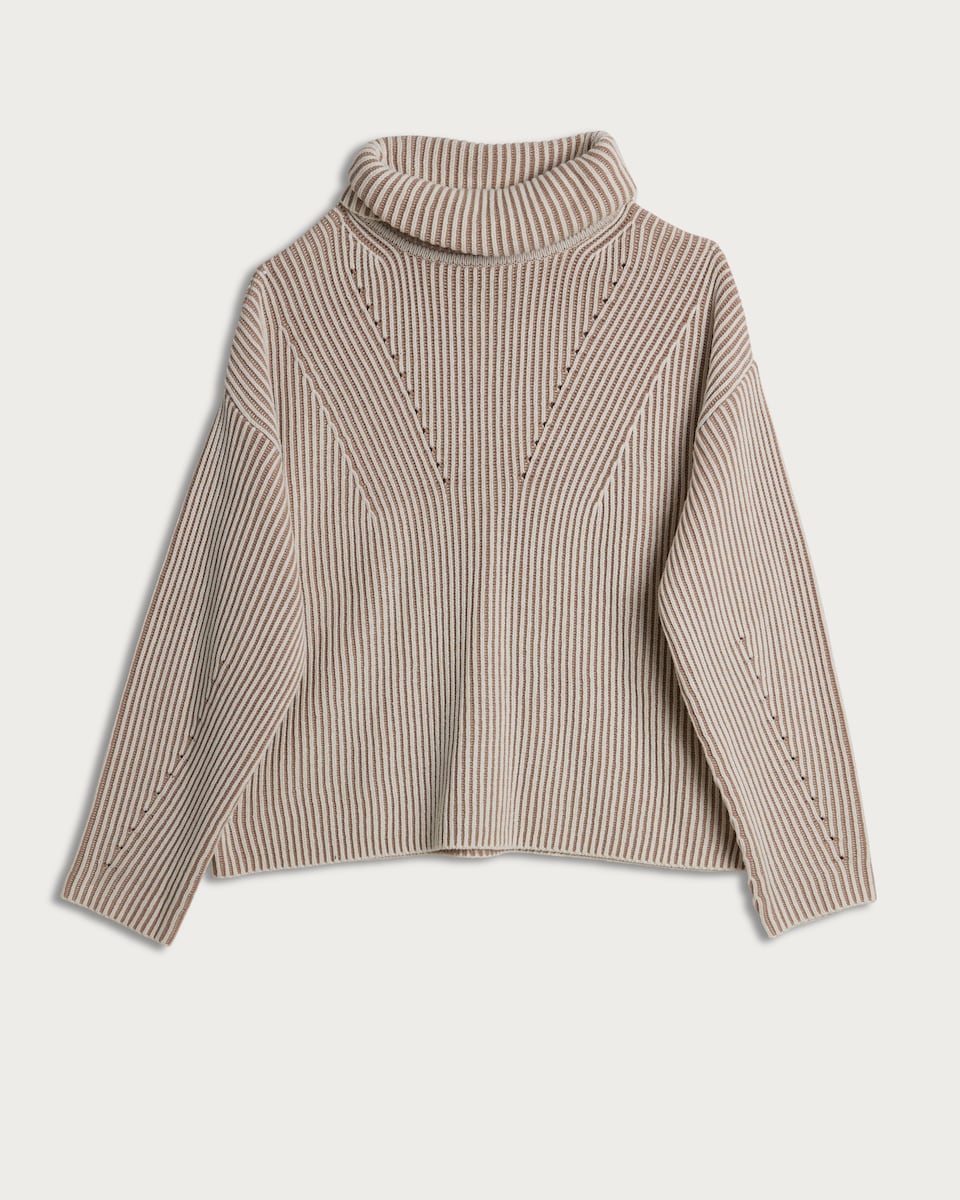 image 1 of F&F Ribbed Cotton Rich Two Tone Roll Neck Jumper in Neutral