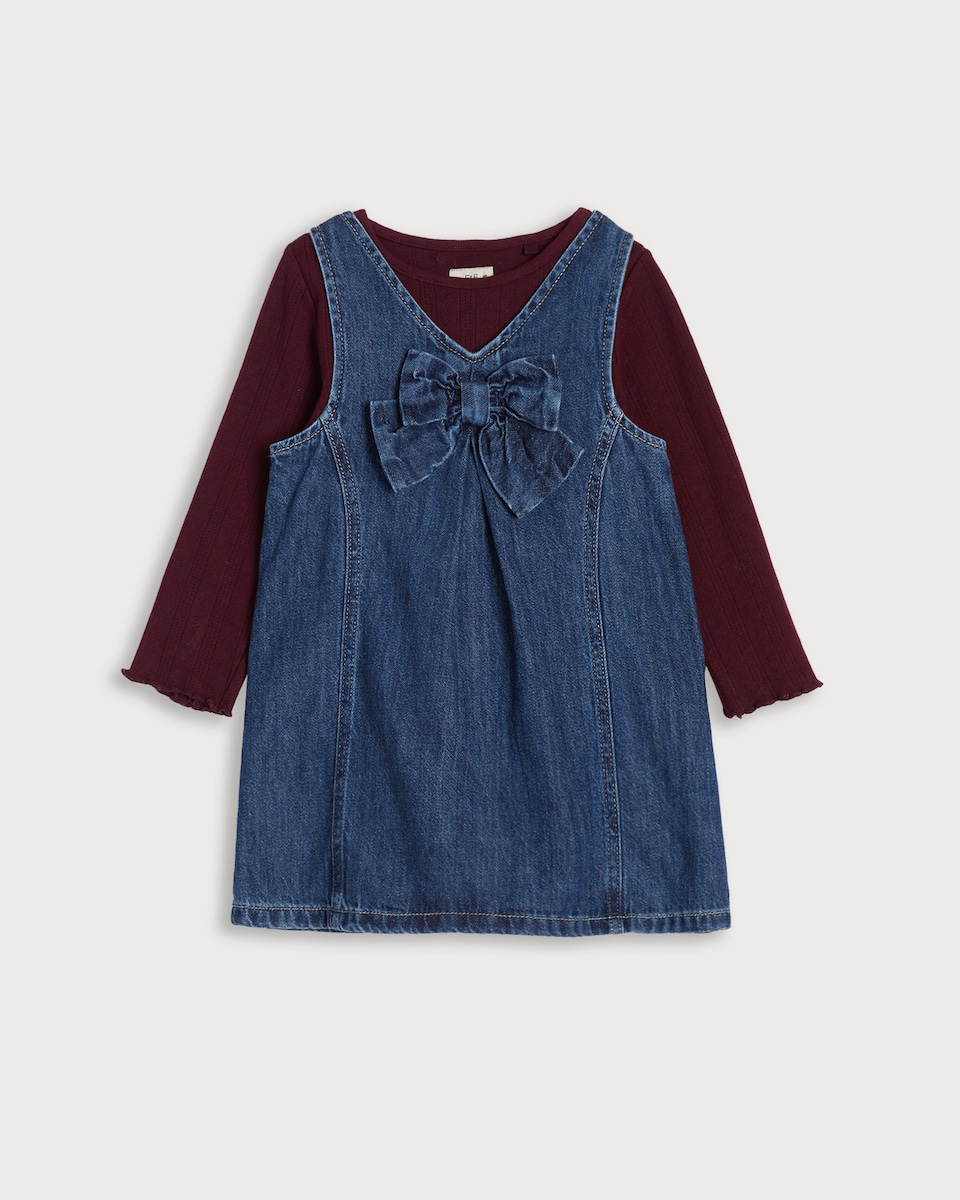 image 1 of F&F Girls 2-Piece Pure Cotton Denim Bow Dress and T-Shirt Set in Multi Blue