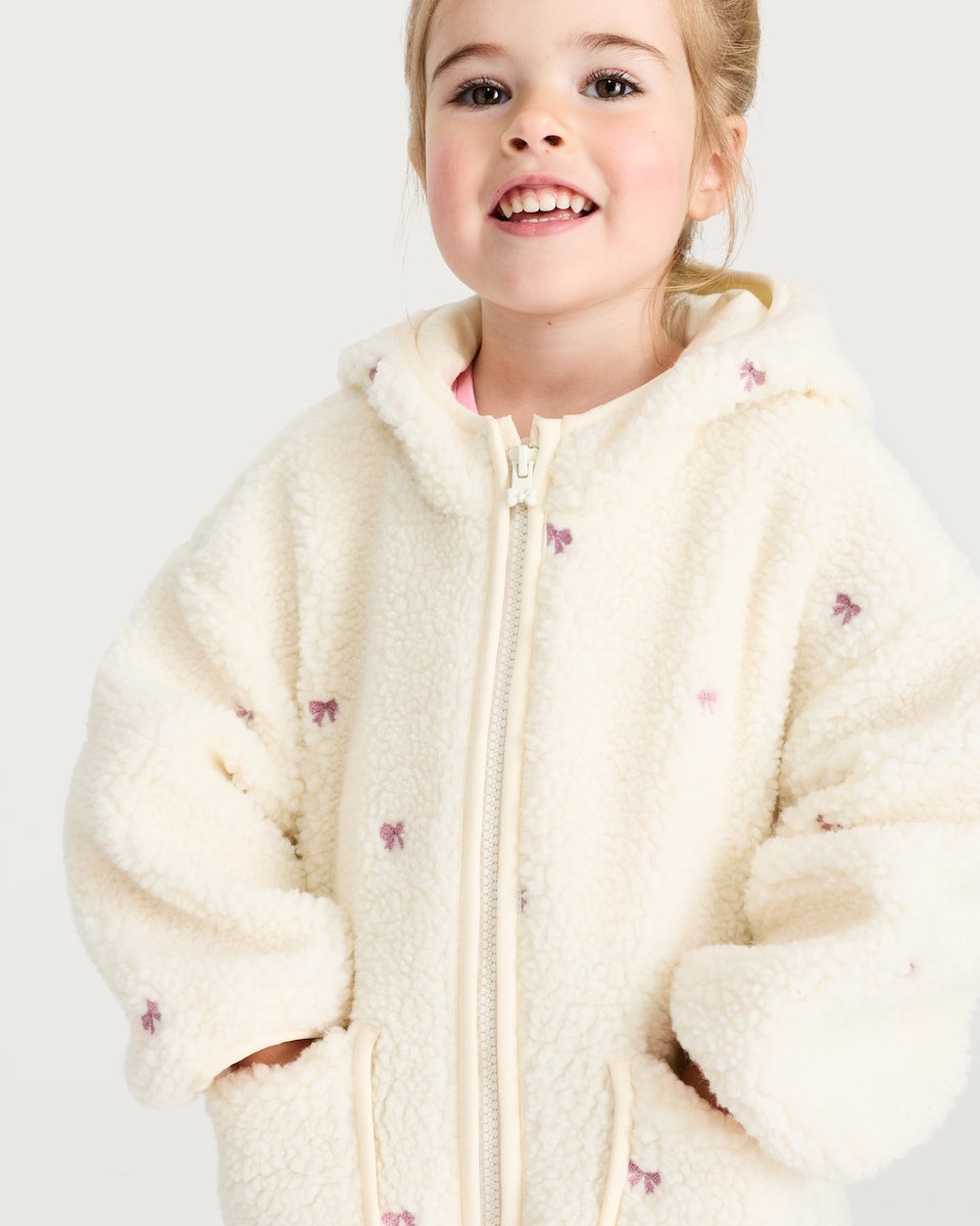 image 1 of F&F Girls Fleece Embroidered Bow Hooded Jacket in Cream