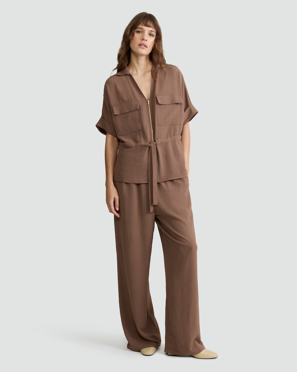 image 1 of F&F Zip Front Tie Waist Shirt in Brown