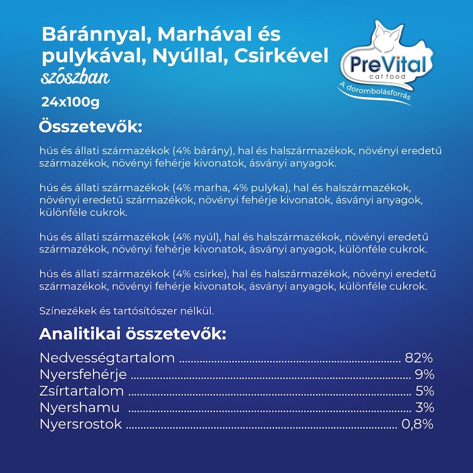 PreVital nedves macskaeledel, macskatáp felnőtt macskáknak szószban alutasakos 24 x 100 g  1. kép