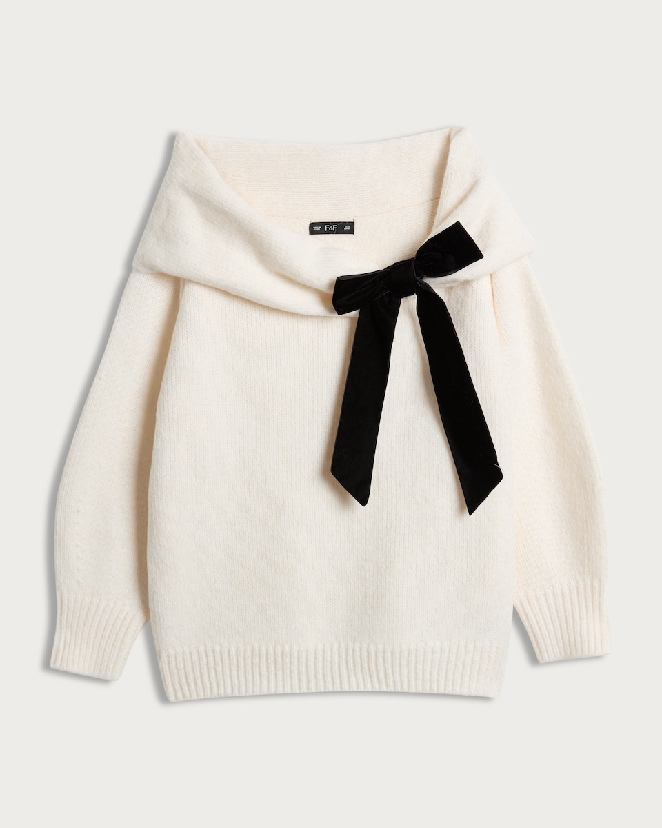 image 1 of F&F Ribbed Velvet Bow Bardot Jumper with Wool in Cream