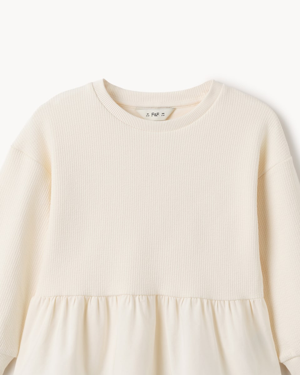 image 1 of F&F Girls Cotton Rich Ribbed Peplum Top and Trousers Set in Cream