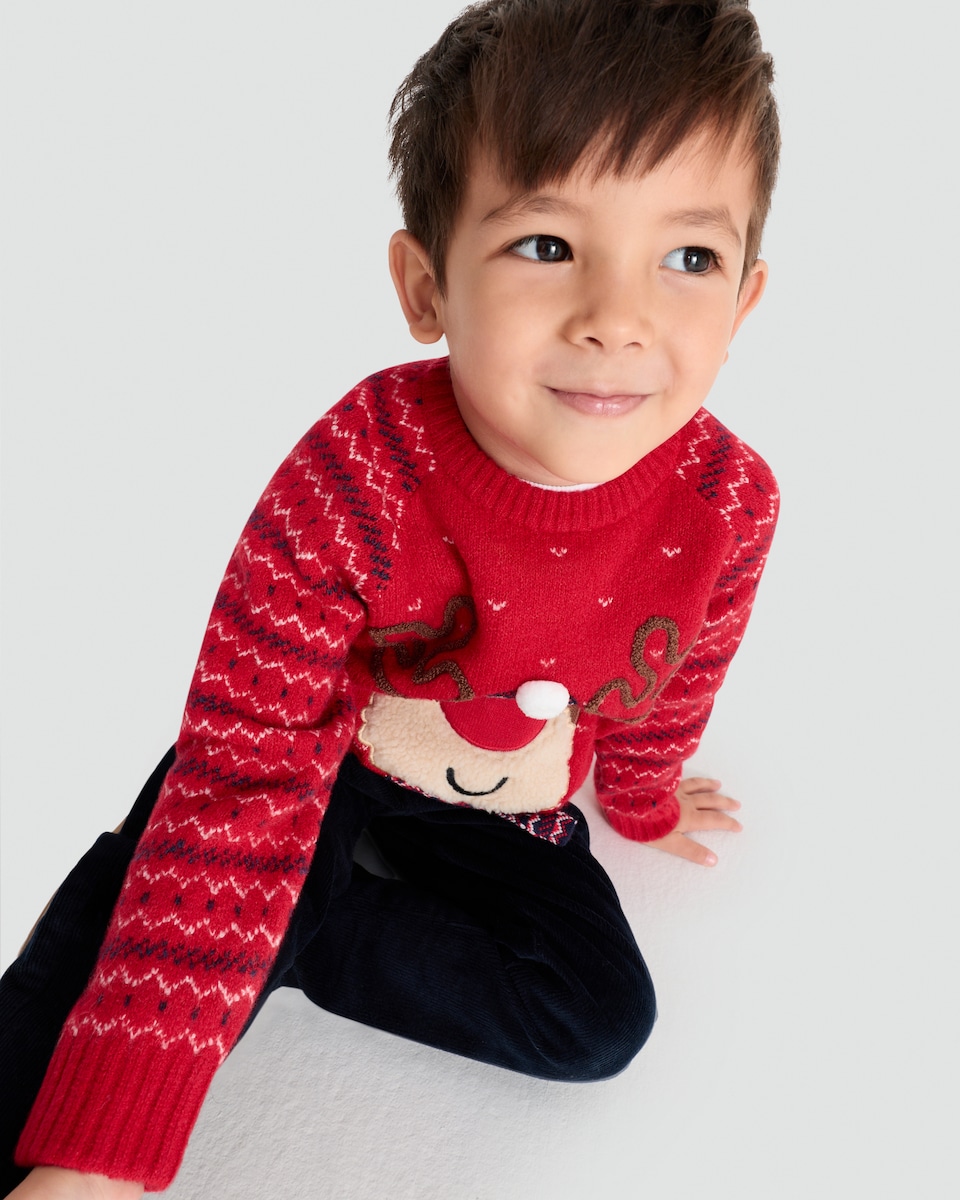 image 1 of F&F Boys Knitted Reindeer Christmas Print Light Up Jumper in Red