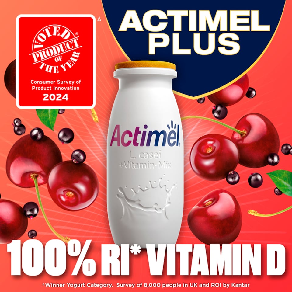 image 1 of Actimel Plus 100% Vitamin D Cherry & Elderberry Live Yoghurt Drink Multipack 8x100g