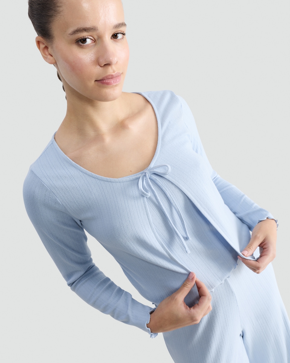image 1 of F&F 3-Piece Ribbed Pointelle Cardigan, Cami and Trousers Pyjamas in Blue