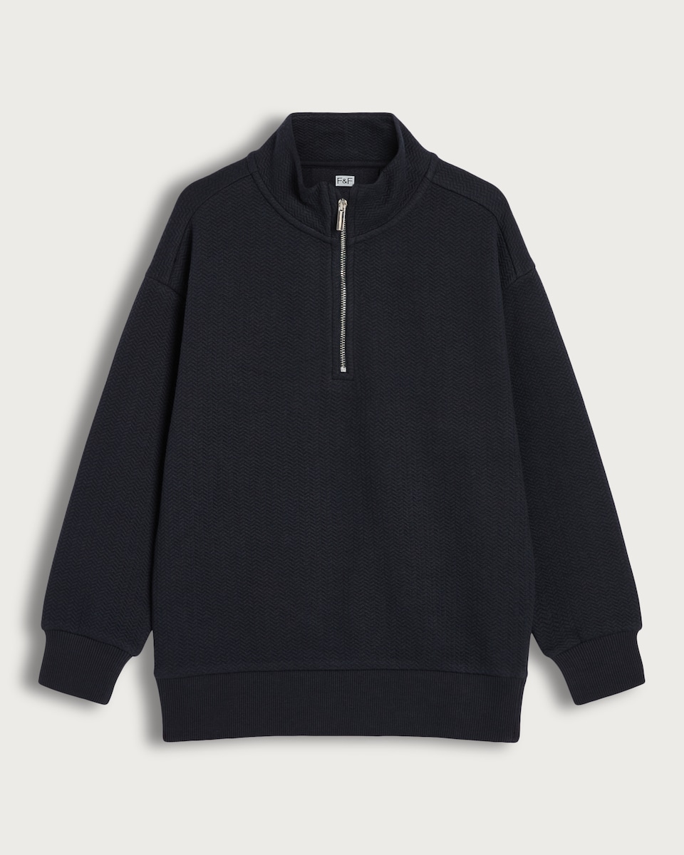 image 1 of F&F Boys Cotton Blend Textured Half Zip Sweatshirt in Navy