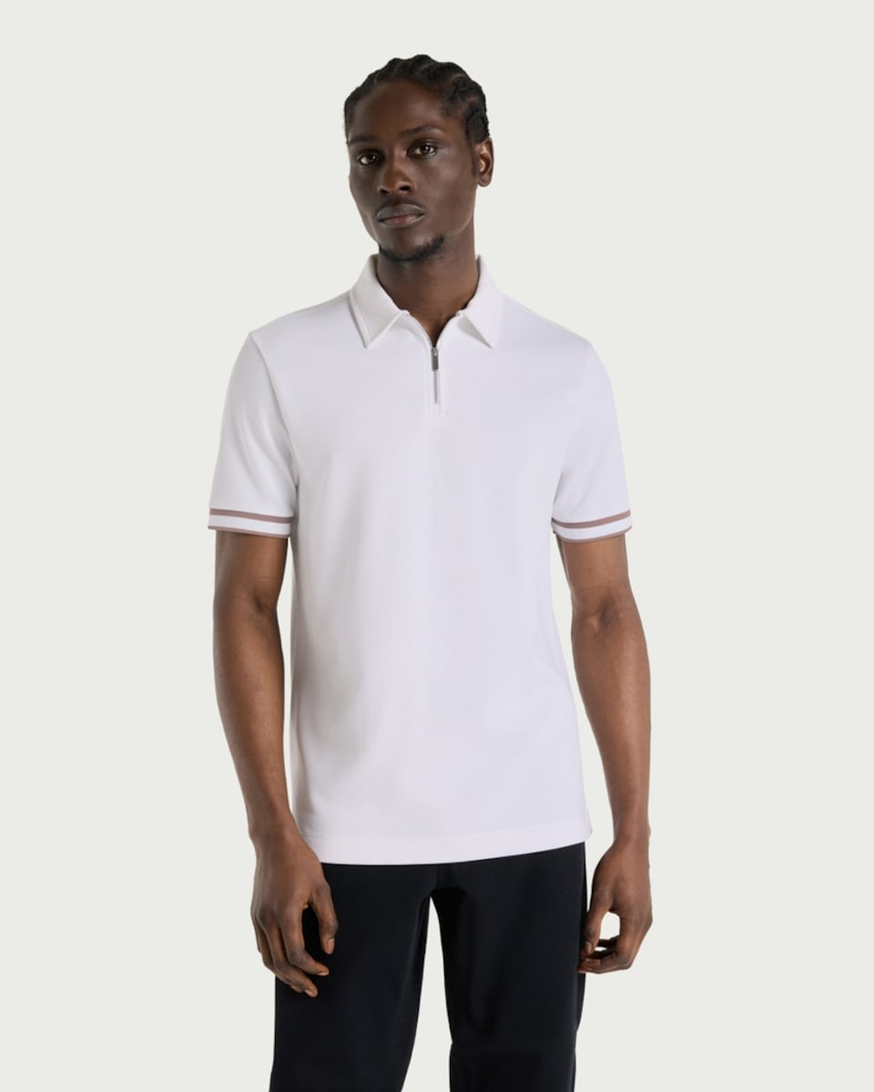 image 1 of F&F Textured Zip Neck Relaxed Fit Polo Shirt in White