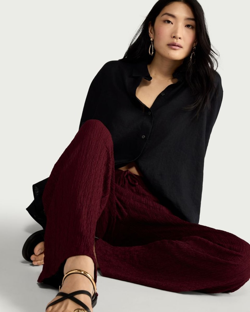 image 1 of F&F Textured Wide Leg Trousers in Burgundy