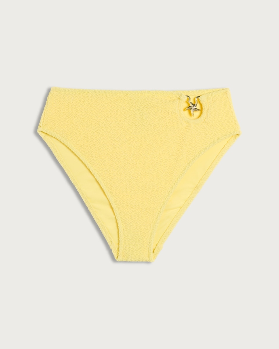 image 1 of F&F Crinkle Textured Starfish Charm High Waisted Bikini Bottoms in Yellow