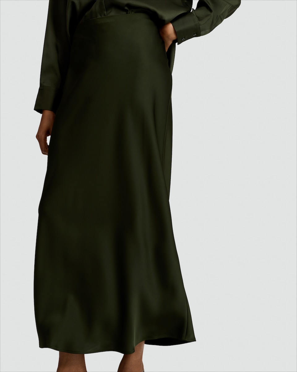 image 1 of F&F Satin Bias Cut Midi Slip Skirt in Green
