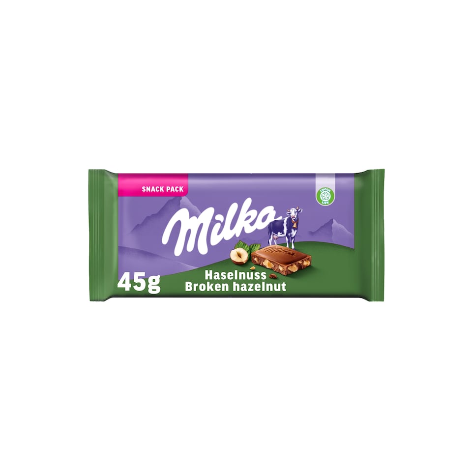 Obrázek 1 pro produkt Milka Broken Hazelnut mléčná malá čokoláda z alpského mléka s drcenými jádry lískových ořechů 45 g