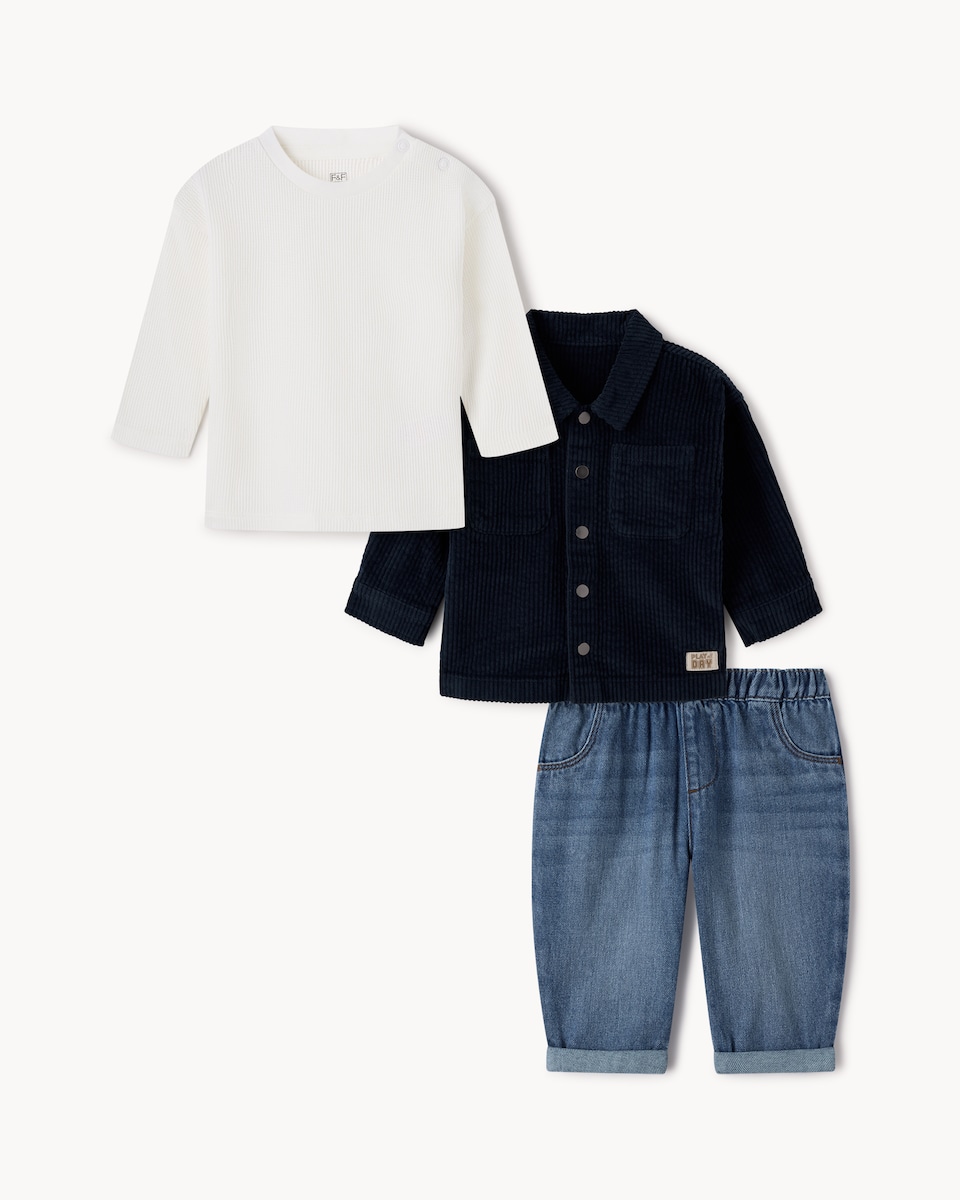 image 1 of F&F Baby Cord Jacket, Top and Jeans Set in Navy