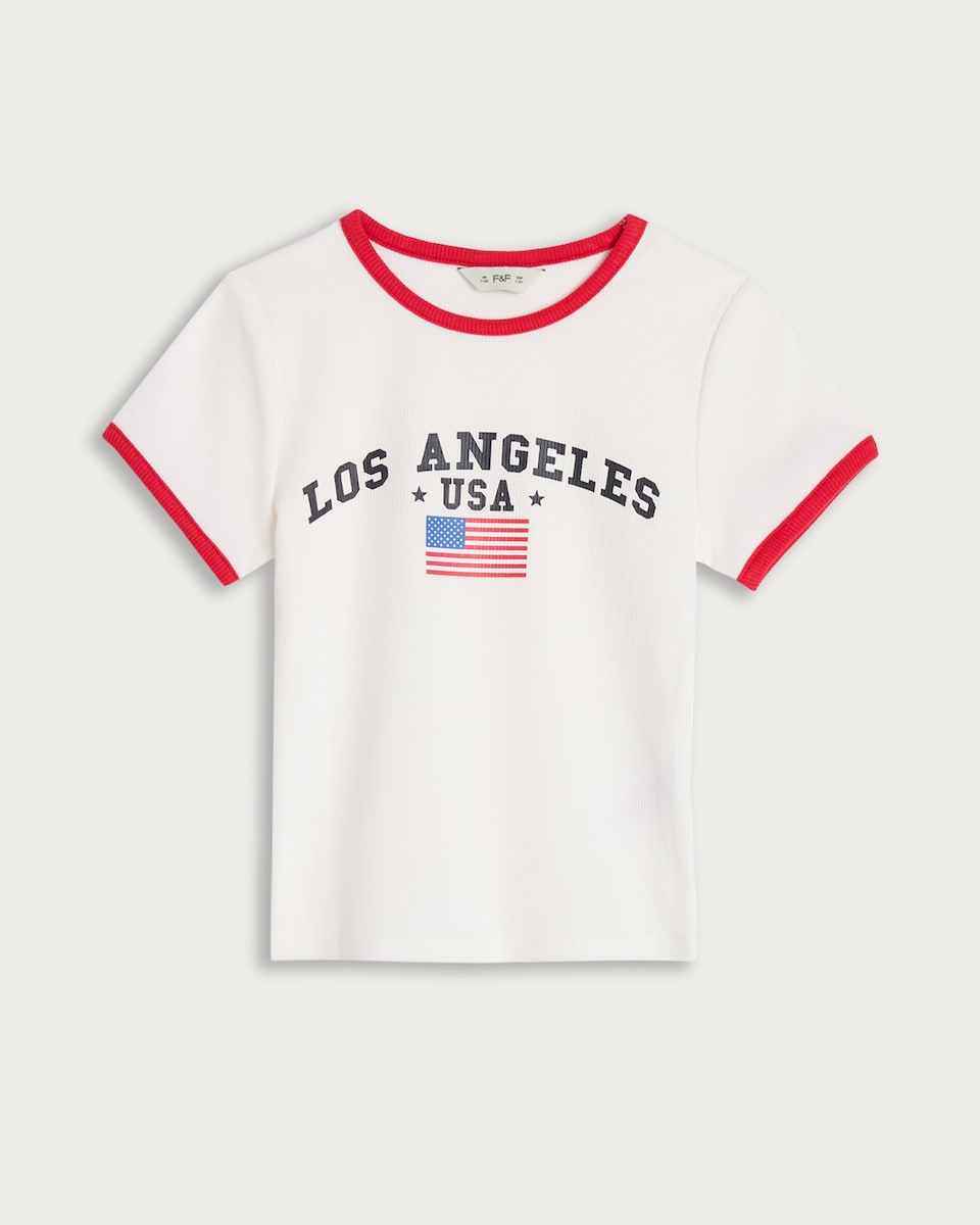 F&F Girls Cotton Rich Los Angeles USA Slogan T-Shirt in Multi