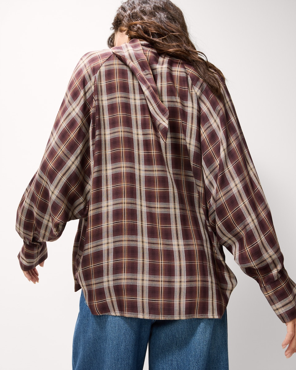 image 1 of F&F Checked Tie Neck Blouse in Multi Red