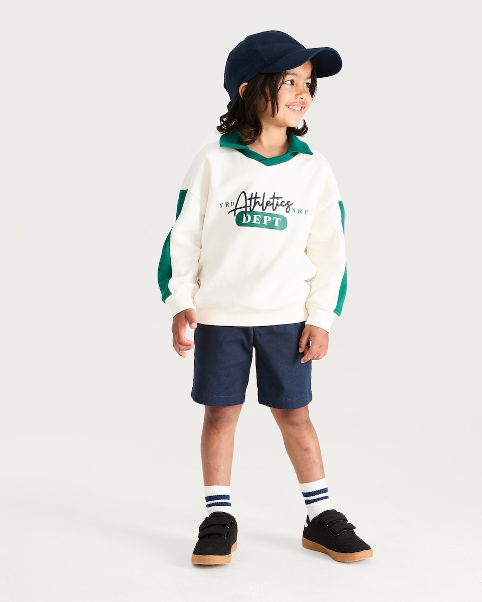 image 1 of F&F Boys Cotton Rich Athletics Dept Slogan Rugby Sweatshirt in Cream