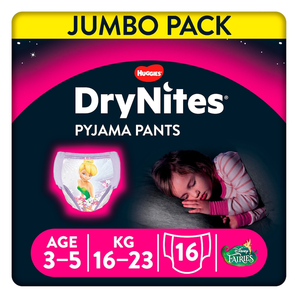image 1 of Huggies DryNites Bedwetting Pyjama Nappy Pants Girls 3-5Yr x16