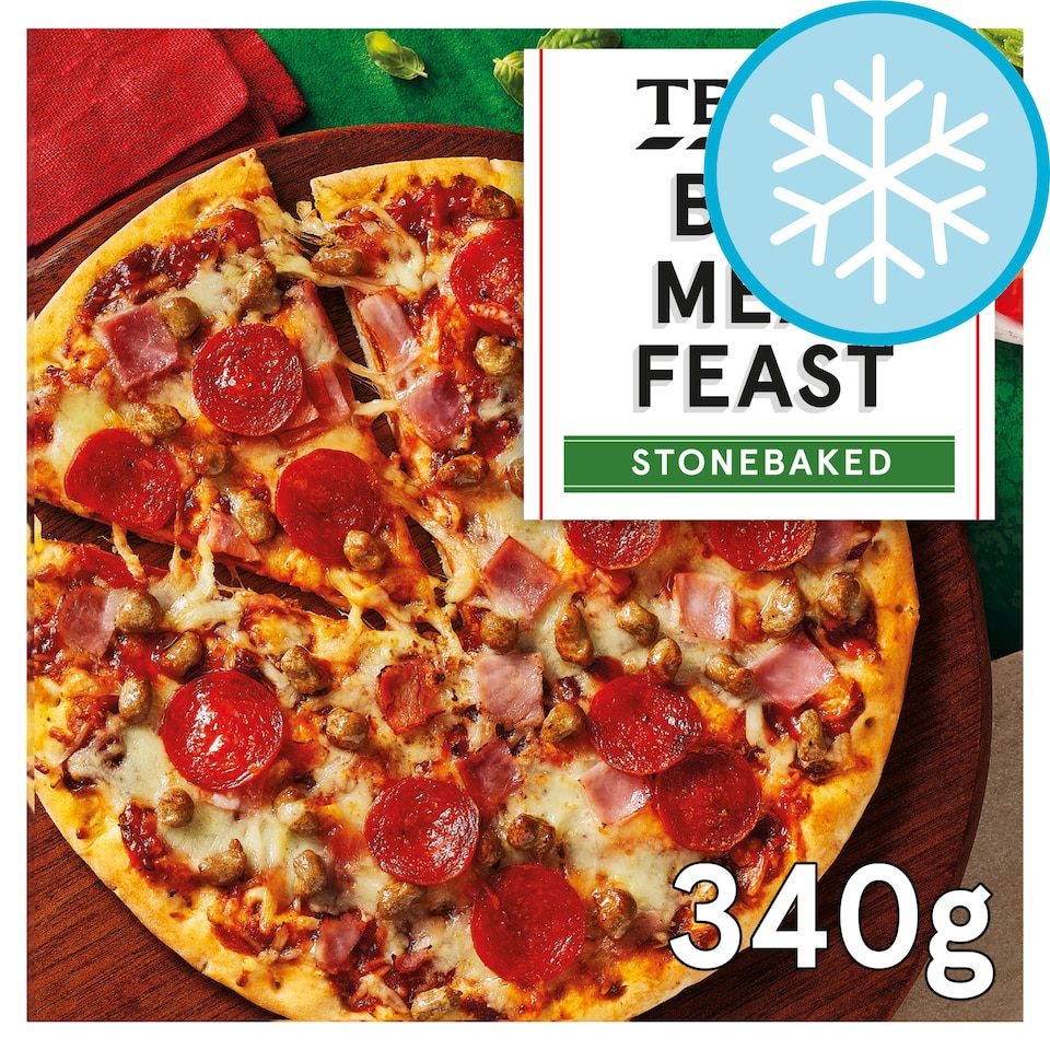 TESCO STONEBAKED BBQ MEAT FEAST PIZZA 340G