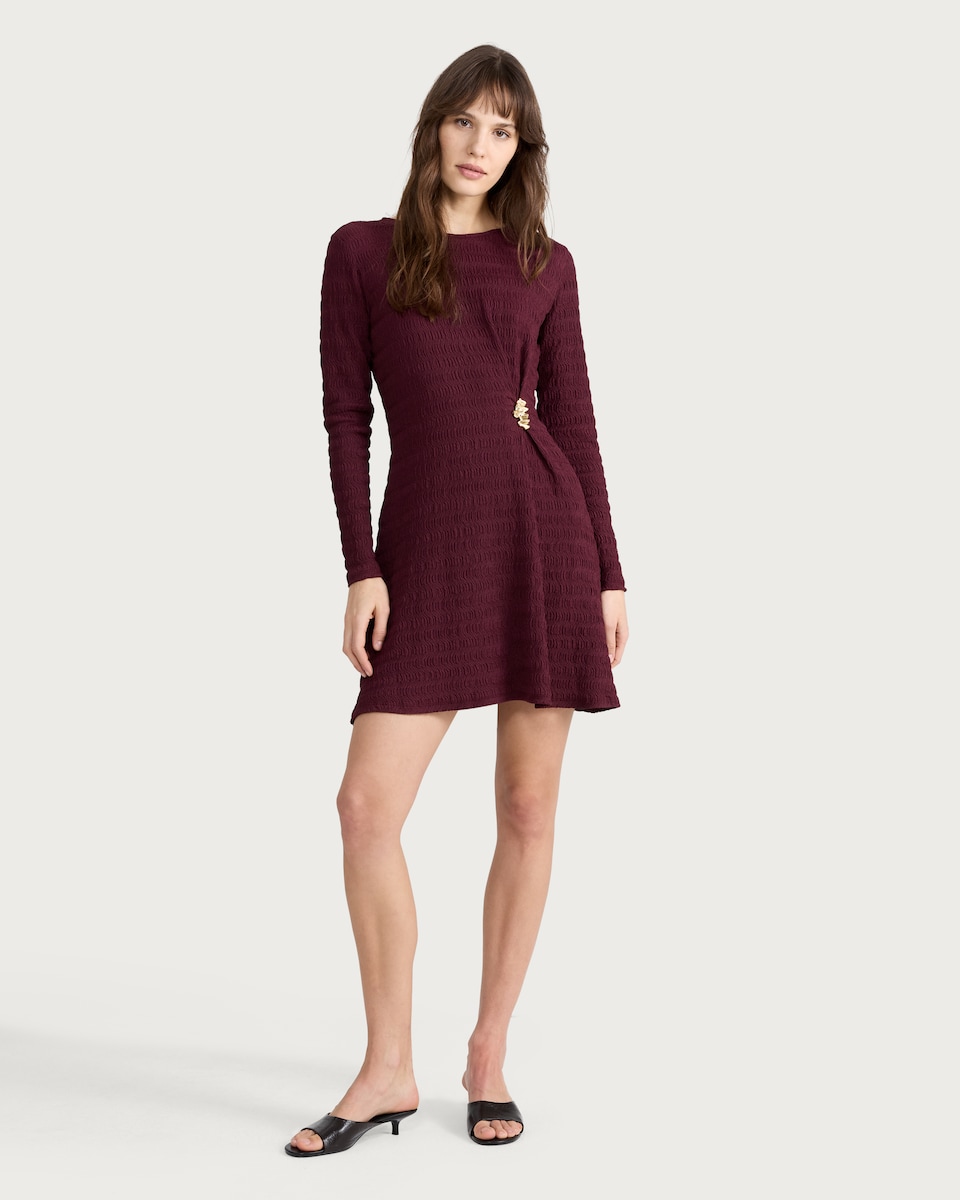 image 1 of F&F Textured Metal Buckle Long Sleeved Dress in Burgundy