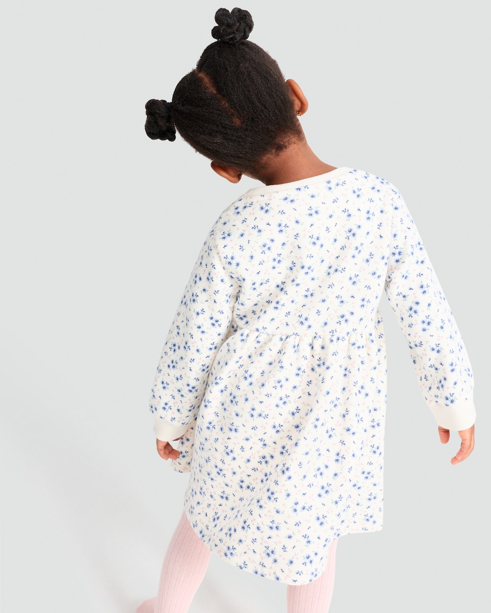 image 1 of F&F Girls Cotton Rich Floral Print Long Sleeved Sweater Dress in Cream