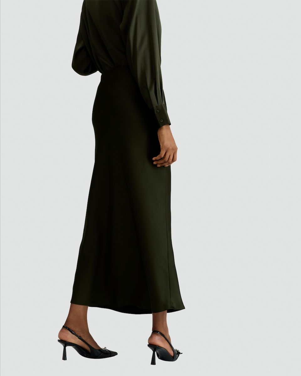 image 1 of F&F Satin Bias Cut Midi Slip Skirt in Green