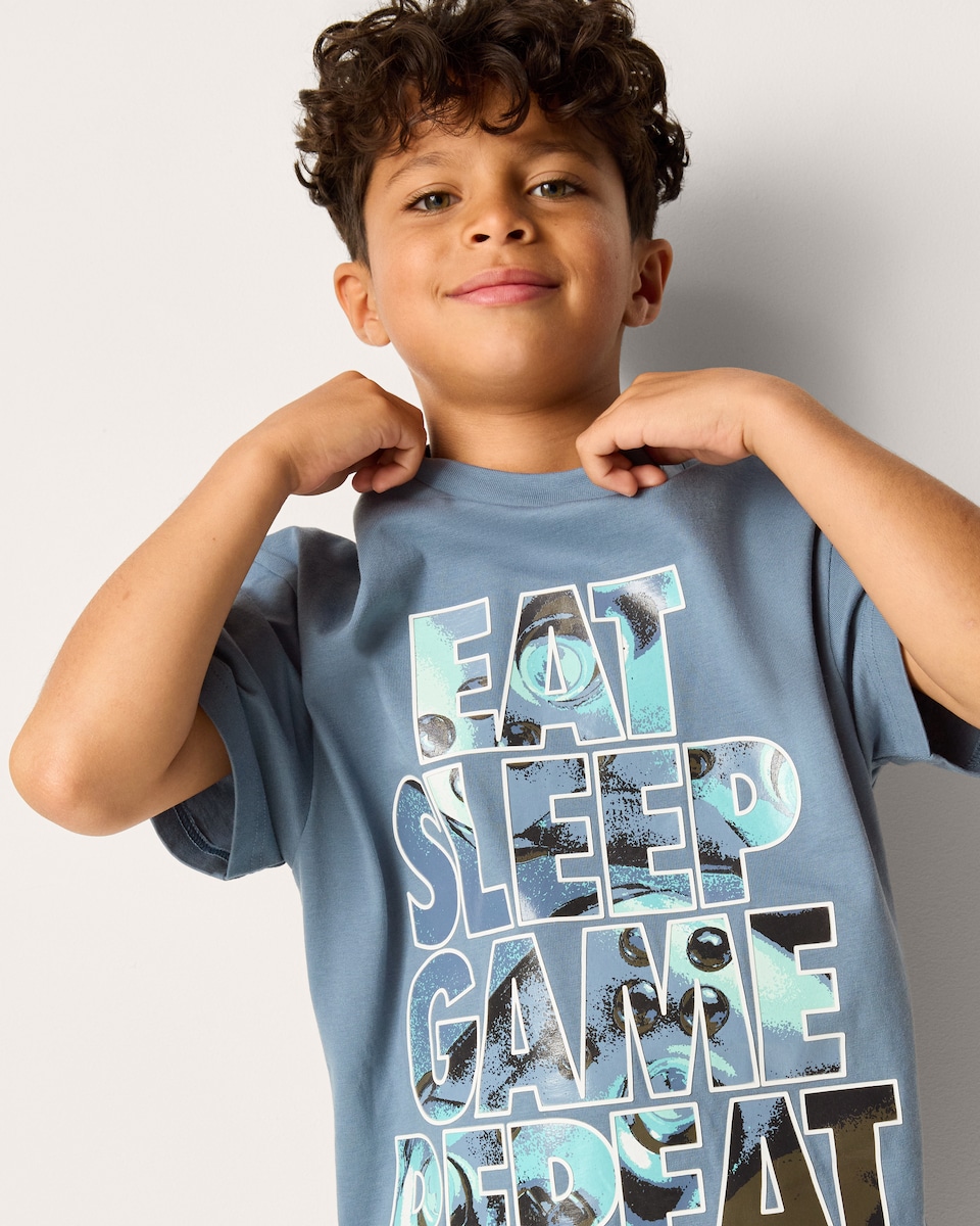 image 1 of F&F Boys Pure Cotton Slogan T-Shirt in Blue
