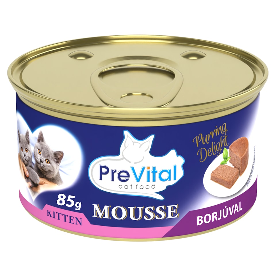 PreVital Mousse nedves macskaeledel, macskatáp kölyökmacskáknak borjúval pástétom konzerv 85 g  1. kép