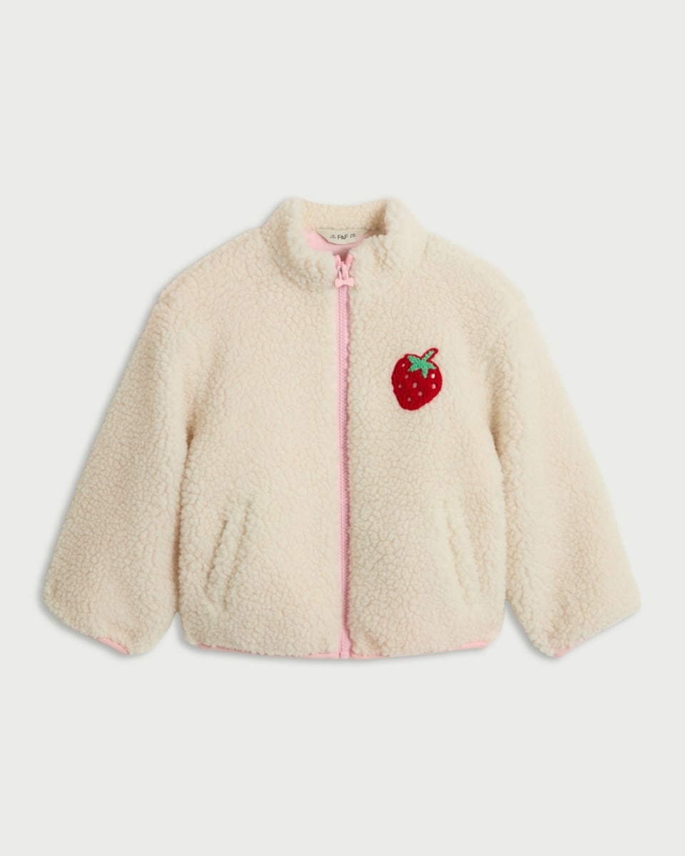image 1 of F&F Girls Strawberry Fleece Jacket in Cream