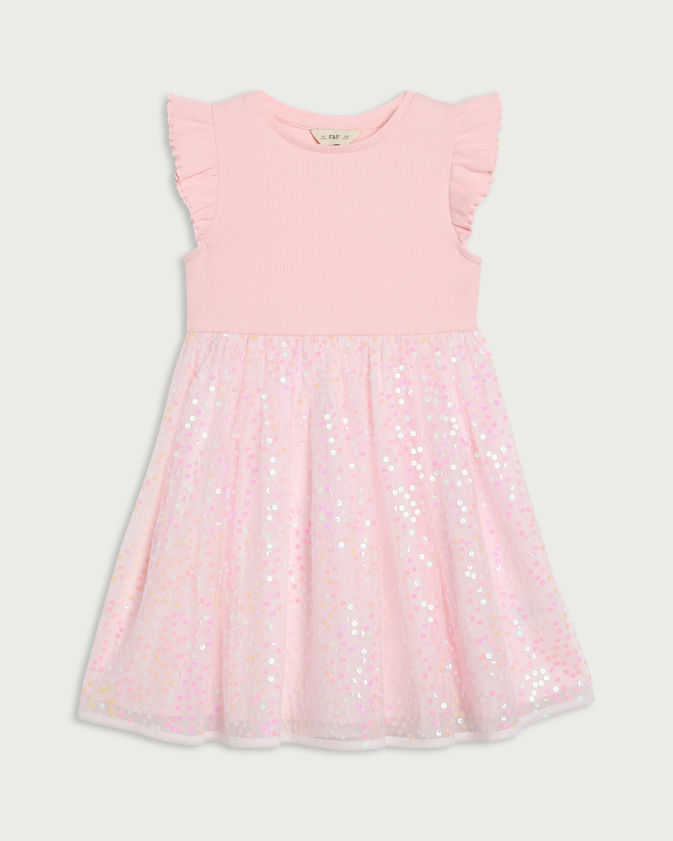 image 1 of F&F Girls Sequin Tulle Dress in Pink
