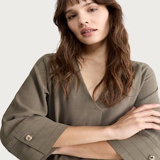 F&F V Neck Button Cuff Blouse in Khaki