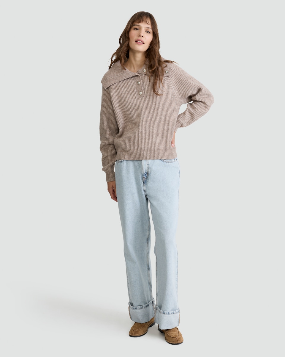 image 1 of F&F Ribbed Knit Button Collar Jumper with Wool in Mink