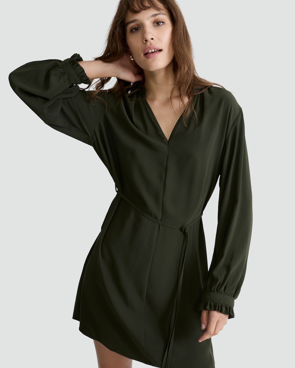 image 1 of F&F Ruffle Trim Tie Waist Dress in Khaki