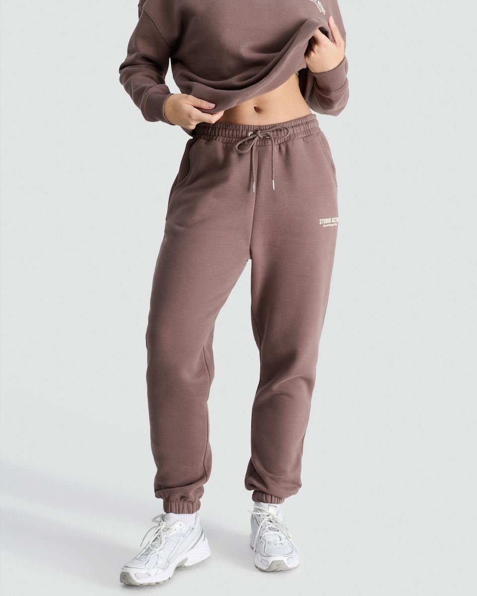 image 1 of F&F Active Cotton Rich Slogan Drawstring Joggers in Brown