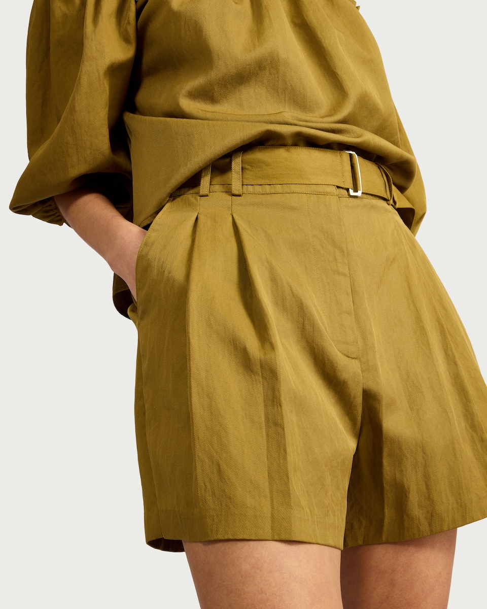 image 1 of The F&F Edit Lyocell Blend Pleated Belted Co-ord Shorts in Olive