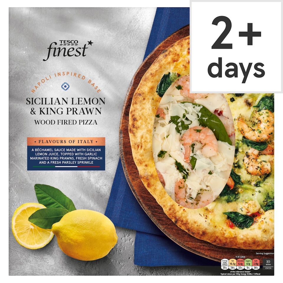 image 1 of Tesco Finest Sicilian Lemon & King Prawn Wood Fired Pizza 406g
