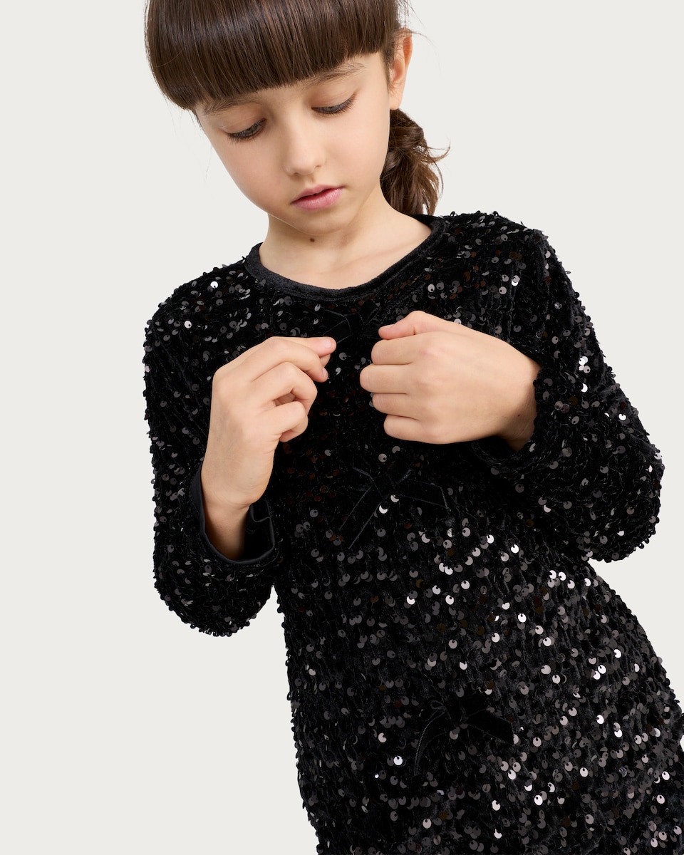 image 1 of F&F Girls 2-Piece Sequin Long Sleeved Top and Shorts Set in Black