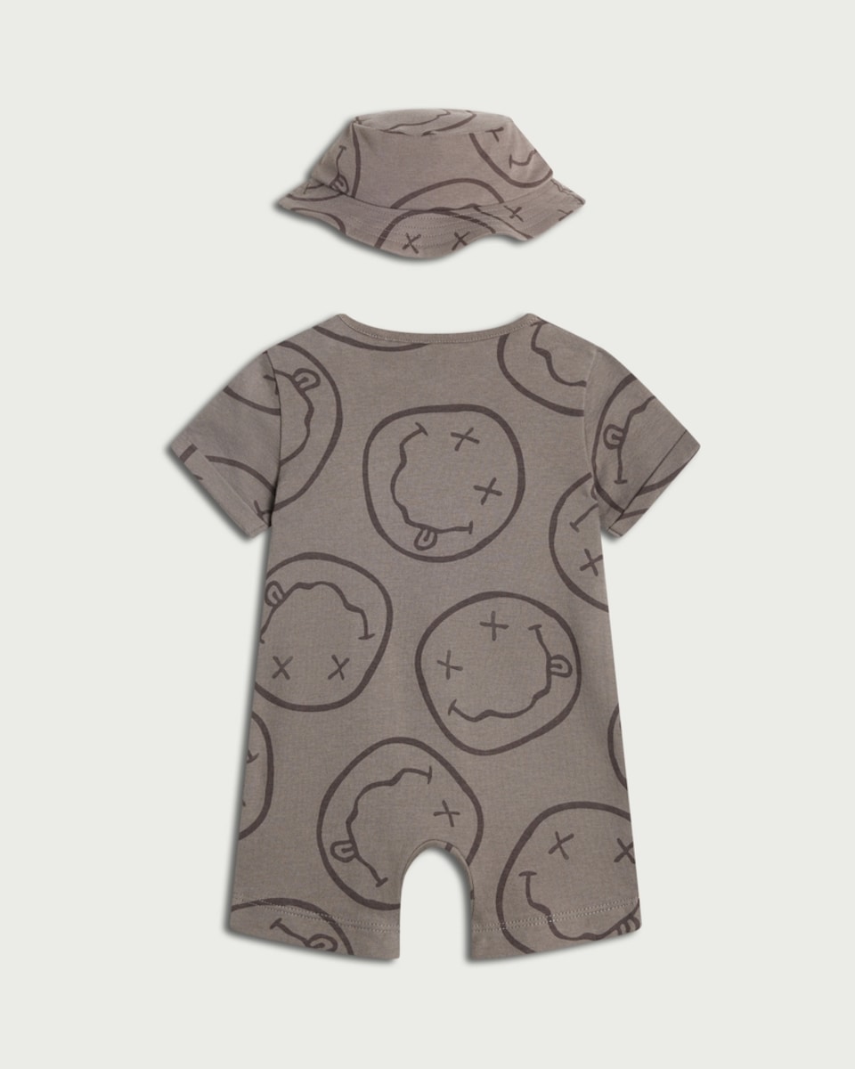image 1 of Nirvana Pure Cotton 2-Piece Printed Romper and Hat Set in Grey