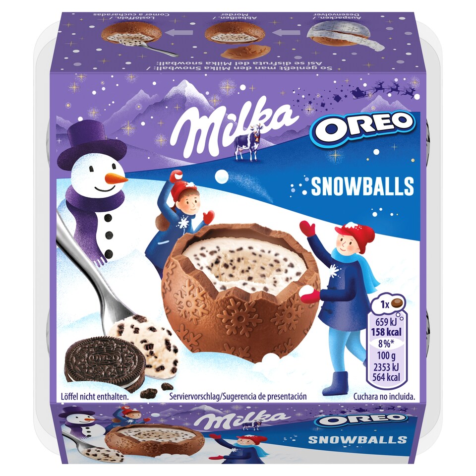 Milka Snowballs Oreo, mléčná čokoláda, mléčná náplň a kousky Oreo sušenky 112g