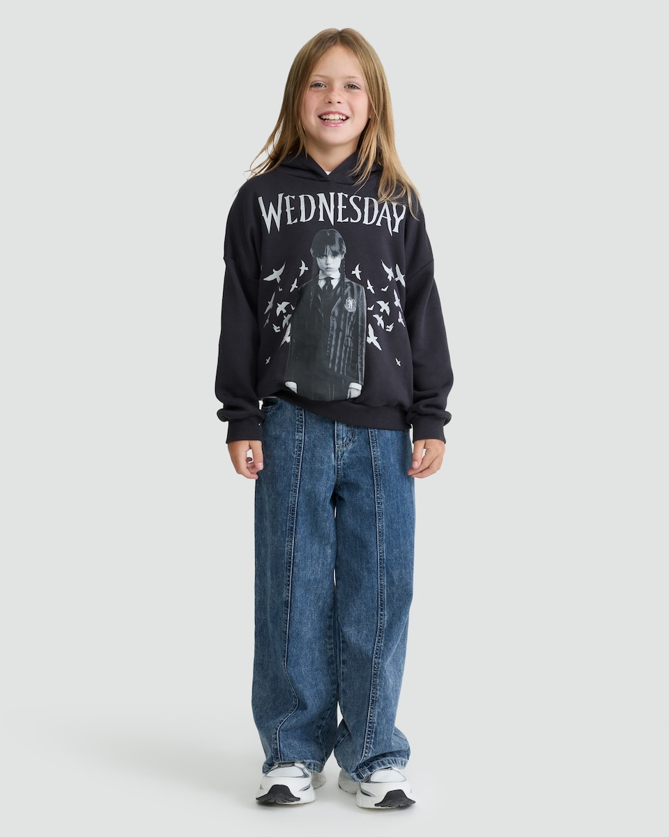 image 1 of Wednesday Addams Print Cotton Rich Hoodie in Black